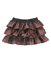 Traditional tartan plaid is crafted into a flirty tiered skirt accented with a flurry of ruffles for a fun, stylish touch.