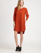 Front slit and an unexpected hi-lo hem restore this lightweight wool dress with pure silk trim. CrewneckThree-quarter sleevesFront slitHi-lo hemAbout 23 from natural waistBody: Wool; Contrast: SilkDry cleanImported of Italian fabricModel shown is 5'9 (176cm) wearing US size 4.