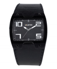 Masculine, modern and made for you. Watch by Unlisted crafted of black leather strap and rectangular gunmetal ion-plated mixed metal case with lugs at four corners. Black dial features large numerals at two, five, seven and ten o'clock, minute track, three hands and logo. Quartz movement. Splash resistant. Two-year limited warranty.