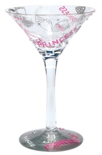 Pink and white graffiti spells modern-day royalty on this fabulous hand-painted martini glass. Pamper yourself in your own pad with the Princess-tini cocktail, the unique recipe found on the bottom of the glass. (Clearance)