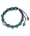 Spiritual-inspired bracelets are all the rage this season! Snap up this hot style from Ali Khan featuring semi-precious green agate beads and pave glass fireballs on a trendy navy cord. Bracelet adjusts to fit the wrist. Approximate diameter: 2 inches. Approximate length: 12-1/4 inches.