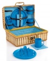 Enjoy the cool breeze of the ocean or warm summer sun as you eat with this well-appointed (and utterly charming) wicker picnic basket. A blue gingham lining and buckled-in flatware, plates and mugs help you take in more of the outdoors. (Clearance)