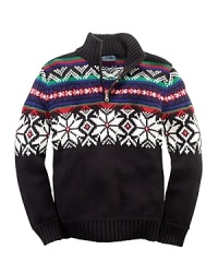 An essential half zip mockneck sweater is rendered with an intarsia-knit snowflake motif for seasonal style.