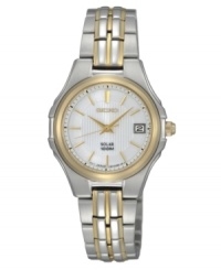 Energy-efficient elegance, by Seiko. Stainless steel bracelet with gold-tone accents and round case with gold-tone bezel. White patterned dial features gold-tone hands, applied stick indices at markers, minute track, date window at three o'clock and logo at twelve o'clock. Solar-powered quartz movement. Water resistant to 100 meters. Three-year limited warranty.