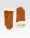 Genuine shearling cuffs perfectly complement these stylish suede gloves.Cashmere liningAbout 9 longImported