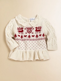 With its classic knit reindeer design, a sweet cable-knit cotton cardigan features pointelle ruffles and a peplum hem capturing the spirit of the season.Pointelle ruffled collarLong cable-knit sleevesSingle back buttonPeplum hemCottonMachine washImported Please note: Number of buttons may vary depending on size ordered. 