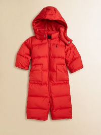 Keep baby warm from head to toe in a cozy snowsuit in channel-quilted microfiber filled with featherweight down and finished with a detachable hood.Detachable hoodLong sleevesFull-zip frontHand pocketsElastic cuffs and hemFully linedShell and lining: PolyesterFill: 60% down/40% waterfowl feathersMachine washImported Please note: Number of snaps may vary depending on size ordered. 