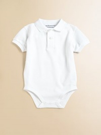 Crafted in plush cotton, the classic polo shirt is transformed into a one-piece knit lending ultimate style and comfort for baby.Point collarShort sleevesFront buttonsBottom snaps for easy on and offCottonMachine washImported Please note: Numbers of buttons and snaps may vary depending on size ordered. 