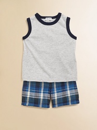 Crafted in plush cotton, this handsome man's little set is mad for plaid shorts and topped with a contrasting trimmed knit.CrewneckSleevelessPullover styleElastic waistCottonMachine washImported