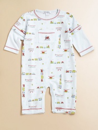 Cheery little freight trains chug and puff their way across soft pima cotton knit to keep your little guy comfy as he follows his own track.Solid color polo collar Contrast stitching Long sleeves Patch chest pocket with locomotive embroidery Front snaps Snap legs Cotton Machine wash Imported Please note: Number of snaps may vary depending on size ordered. 