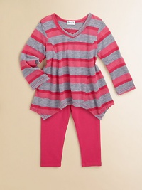 A striped tunic with an asymmetrical hem sits atop a pair of matching leggings for a pretty ensemble. Tunic V-neckLong sleevesPullover stylePrincess seamsAsymmetrical hem Leggings Elastic waistband68% polyester/32% cottonMachine washImported