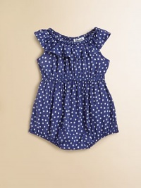 Pretty polka dots adorn this soft, sweet romper in a charming bubble shape.Wide elastic necklineFlutter sleevesPull-on styleElastic waistElastic leg openingsRayonMachine washImported