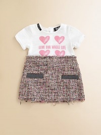 A sweet heart print tee on top and a chic, chunky tweed below create a charming combination for your young style maven.Round necklineShort sleevesFront screenBack buttonsTweed skirt frayed at waist and hemFaux pocket openings54% cotton/38% viscose/6% polyamide/2% acetateDry cleanImported