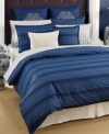 Classic comfort meets modern styling. This Westerly Stripe comforter set from Tommy Hilfiger features a landscape of blue stripes that reverse to a navy background with an ivory dot circle pattern.