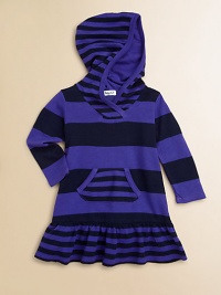 Stripes both thick and thin are enchanting on this cute pullover style of soft French terry with a cozy hood and a wide ruffle at the hem.Narrow-striped hoodRibbed crossover necklineLong sleevesSlightly flared bodyKangaroo pocketRuffled hemPullover stylingModal/cottonMachine washImported