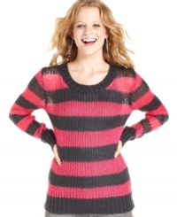 Plush knit design lends comfy-cozy charm to this striped sweater from It's Our Time! Style the cool-weather staple with a cami and trusty jeans for your toastiest look yet.