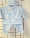 Cpk44, Knitted on Hand Knitting Machine Then Finished By Hand Crochet Infant Boys Outfit, Containing Blue Chenille with Denim Cotton Tweed Cardigan Sweater, Hat Set Trimmed with Monogram Letter