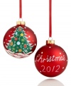 A source of inspiration, the 2012 annual Christmas tree ornament brings new cheer to any bough. Featuring matte red glass and dazzling glitter. Shown front and back.