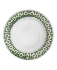 Anything but square, Nixon dinner plates from Jonathan Adler shape things up with a fantastic geometric print in green, white and dazzling platinum.