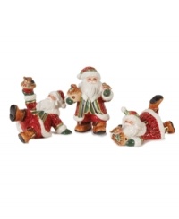 From Fitz & Floyd, this three piece collectible figurine set depicts woodland Santa and his friends at play. It will surely become a treasured addition to your holiday collection.