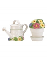 Garden party. The figural Floral Meadow sugar and creamer bring eternal spring, sculpted like a potted plant and watering can in resilient everyday porcelain to complement the mix-and-match Lenox dinnerware collection. (Clearance)