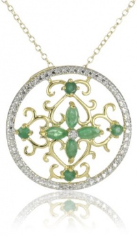 Yellow Gold Plated Sterling Silver Emerald Flower Pendant and Diamond Accent, 18