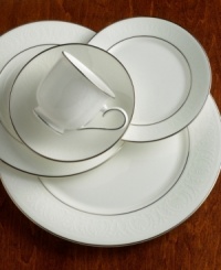 The simple and classic Hannah Platinum pattern brings a timeless refinement to your formal entertaining table, in pure white bone china embossed with a subtle palmetto-leaf design and banded in platinum. 9