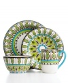 An exotic pattern contrasts the basic shapes of Stella dinnerware for place settings that are full of energy and, in durable earthenware, conveniently dishwasher and microwave safe.