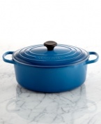 Bring on the roast! A functional oval shape is the perfect home for family-sized portions of your favorite chicken or beef dish. Classic French styling and a dynamic enameled cast iron construction moves this piece from oven to table with incredible ease. Lifetime warranty.