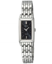 Everyday elegance that trumps trends. Energy-efficient solar-powered watch by Seiko crafted of brushed and polished stainless steel bracelet and rectangular case, 15mm. Black dial features silver tone stick indices, two hands and logo. Quartz movement. Water resistant to 30 meters. Three-year limited warranty.