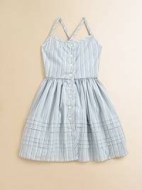 A pretty vintage-inspired striped dress features a full gathered skirt for timeless style.Straight necklineThin cross-back strapsButton-frontGathered waistlineCottonMachine washImported Please note: Number of buttons may vary depending on size ordered. 