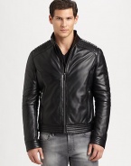 Smooth, supple leather is shaped and tailored in a classic, motorcycle-inspired silhouette.Zip frontStand collarZippered waist pocketsBanded collar, cuffs and hemAbout 26 from shoulder to hemLeatherDry cleanImported