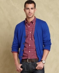 Liven up your everyday look with a bold layer like this handsome cardigan sweater from Tommy Hilfiger.