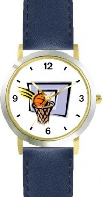 Basketball, Hoop, Backboard, Swish Basketball Theme - WATCHBUDDY® DELUXE TWO-TONE THEME WATCH - Arabic Numbers - Blue Leather Strap-Size-Large ( Men's Size or Jumbo Women's Size )