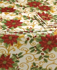 Truly grand, the Winter Elegance table in a bag features a tablecloth, placemats and napkins, together in one set. Poinsettia blossoms, lush holly and scrolling gold accents on pure white make a festive holiday backdrop.