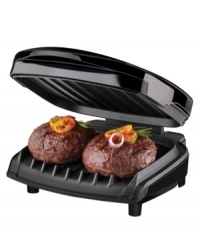 Grill on and get healthy! George Foreman's patented sloping design whisks away fats and oils for leaner, tender food that heats up fast  and cleans up in a flash. 2-year limited warranty. Model GR10B.