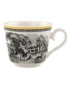 Mix and match, choosing from four patterns of black-and-white French country scenes and designs on white porcelain banded in yellow.