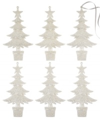 Glistening with top-to-trunk glitter, these snowy white tree ornaments bring an understated grace to any holiday setting.