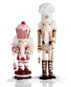 Sweeter than the traditional soldier or king, these Kurt Adler nutcrackers wear sparkling pink and red stripes and sugary confections. Cookie, chocolate chip and candy cane accents add to an irresistible duo.