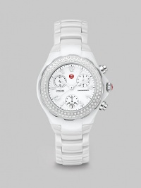 Classic chronograph design features a textured enamel dial framed in one hundred brilliant diamonds. Swiss quartz movementWater resistant to 5 ATMRound ceramic case, 35mm (1.4)Diamond bezel, .47 tcwWhite chronograph dialNumeric hour markersDate display at 6 o'clockSecond hand White ceramic link braceletImported