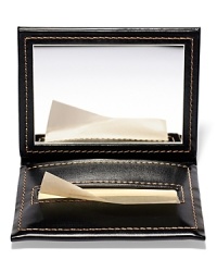 Powder-free tissues absorb excess oil and perspiration from skin. Blotting Papers are encased in a refillable black faux-leather case with mirror. Contains 100 sheets per pack.