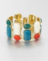 A colorful style featuring faceted stones in various shapes and sizes in a linked design. Resin stones12k goldplated brassLength, about 7.75Hinged snap closureImported 