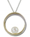 Abstract elegance. A cultured freshwater pearl (8-8-1/2 mm) stands at the center of this circle pendant, suspended from a 14k gold and sterling silver necklace for a bit of postmodern appeal. Approximate length: 18 inches. Approximate drop: 2 inches.