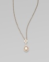 Five dazzling diamonds accent this round Akoya pearl pendant on a sleek 18k white gold link chain. 8MM white, round, Akoya pearlDiamonds, .35 tcwLength, about 18Pendant size, about 1¾ Lobster clasp closureImported 