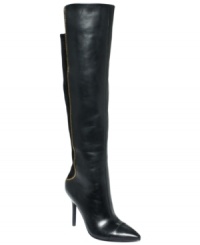 An exposed gold zipper on the shaft of RACHEL Rachel Roy's Magalia dress boots gives this tall, sexy pair a unique flash of detail.