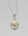 This intricate design of sterling silver features an 18k gold cross, with a luminous white pearl at the center, punctuated by sparkling diamonds.Diamond, 0.052 tcw White pearl 18k gold Sterling silver Pendant length, about 1¼ Chain length, about 16 Lobster clasp Imported