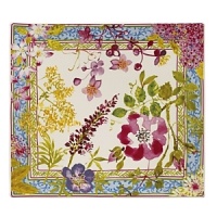 Millefleurs was inspired by flowers in a European garden as well as antique tableware. Its delicate renderings of pansies, roses, and thistles are blended with a vintage border in a contemporary color palette. Sophisticated, yet fresh and youthful. Dishwasher and microwave safe (for reheating only).