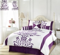 Chezmoi Collection 7-Piece White with Purple Floral Flocking Comforter 90-Inch by 92-Inch Set, Bed in a bag for Queen Size Bedding Machine Washable