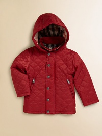 A quilted classic with detachable hood, check lining and zippered pockets in an A-line silhouette to help your mini-me brave the elements in style.Snap-off hoodShirt collarLong sleevesSnap-front with concealed zipperSide slash pockets with zippersNylonMachine washImported Please note: Number of snaps may vary depending on size ordered. 