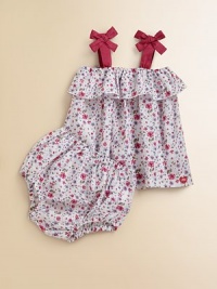 A beautiful, colorful, floral print set with matching bloomers is the perfect seasonal ensemble.Squareneck with ruffle trimWide straps with bowsPullover styleMatching bloomers with elastic waistband and leg openingsCottonMachine washImported